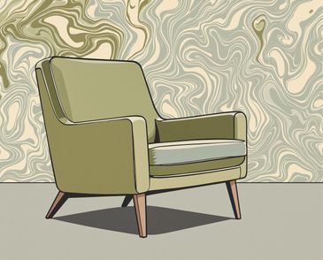 Thumbnail of mid-century armchair with swirling background — synthographic artwork by davidname.