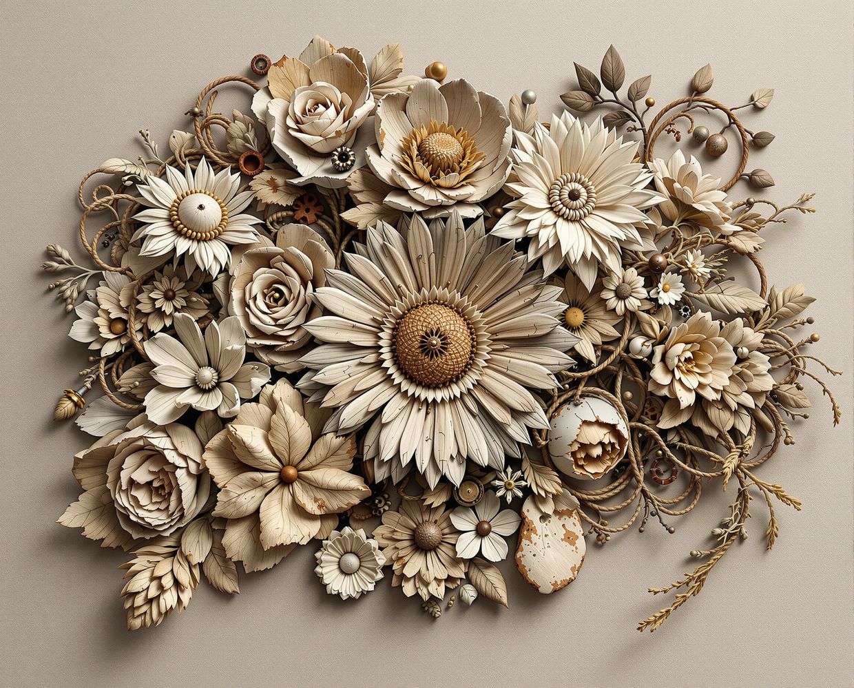 Sculpted wooden flowers, hyperreal illusion — AI-generated synthographic artwork by davidname.