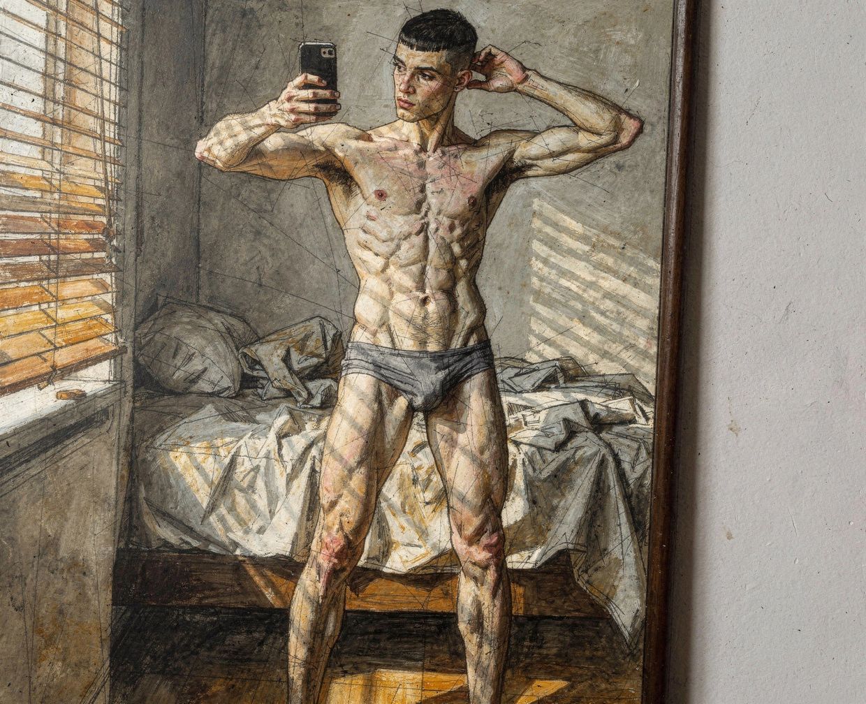 Young man posing in underwear for a mirror selfie — AI-generated synthographic artwork by davidname.