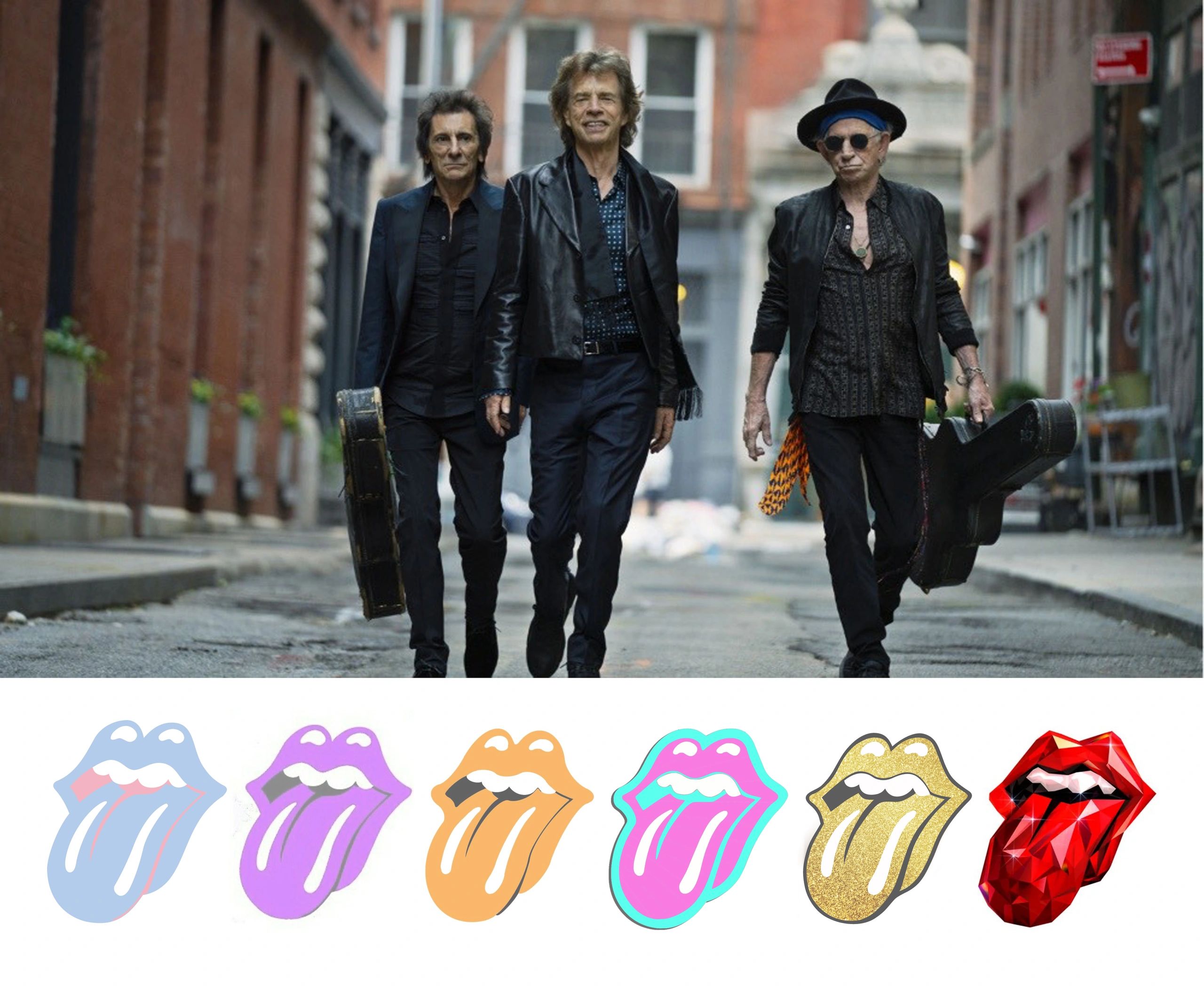 The Rolling Stones band members walking with guitar cases in an urban setting.