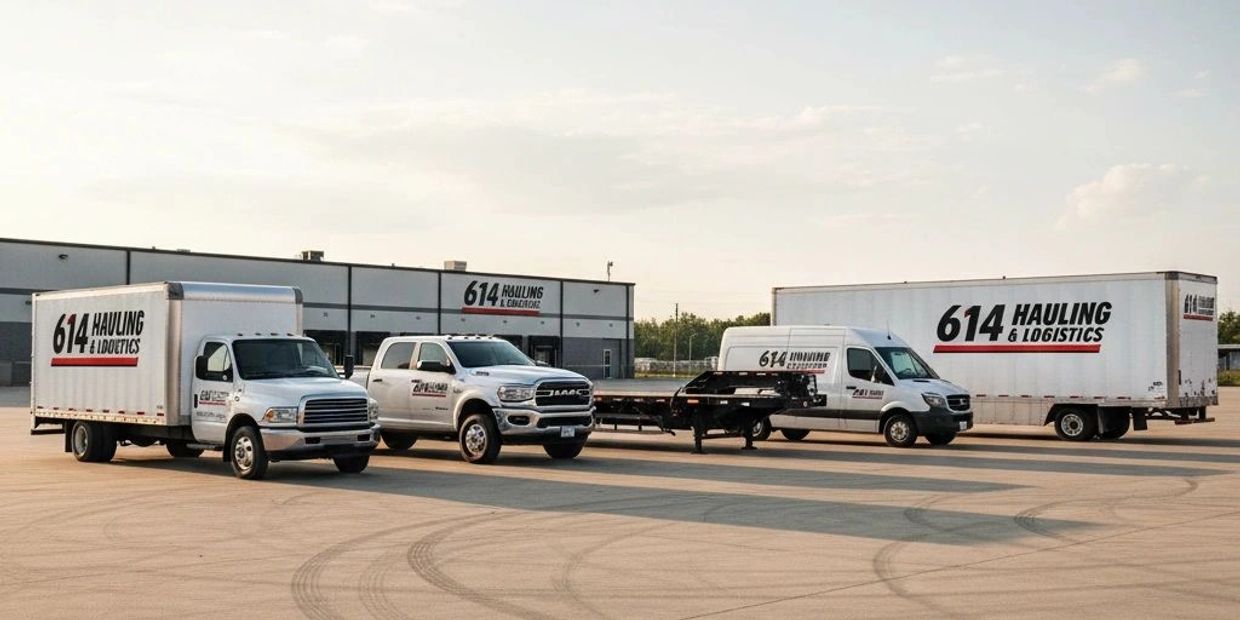 Fleet of trucks and vans with 614 Hauling & Logistics branding parked outside a warehouse.