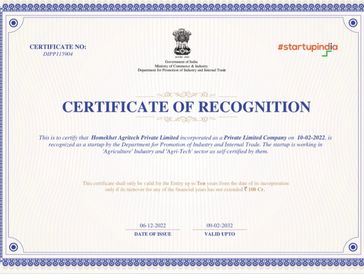 Homekhet Start Up India Certificate