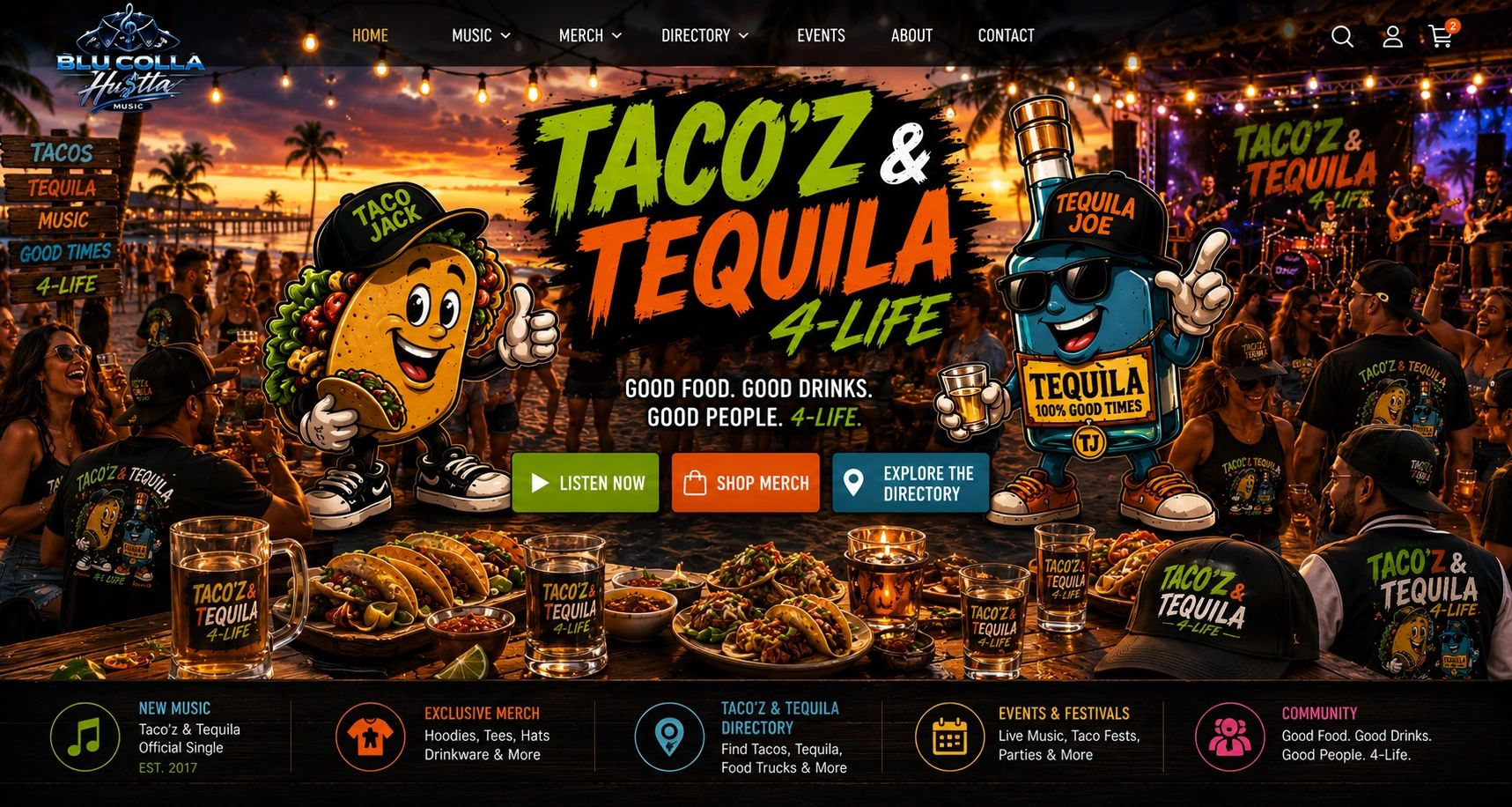 Taco Jack and Tequila Joe advertising their tacos and tequila swag with people in the background 