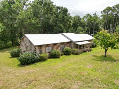 Rustic log cabin surrounded by greenery.