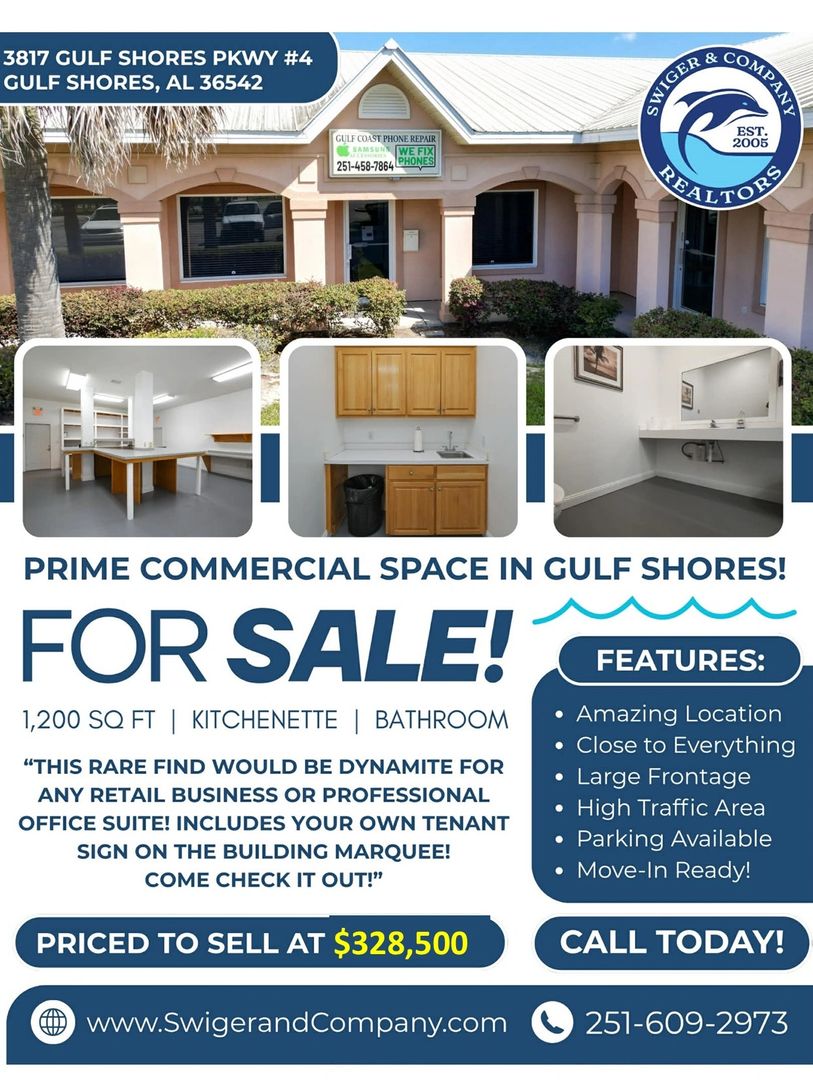 Prime commercial space with kitchenette and bathroom for sale in Gulf Shores, AL.
