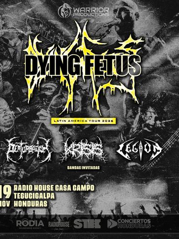 Concert poster for Dying Fetus Latin America Tour 2026 in Tegucigalpa, Honduras.