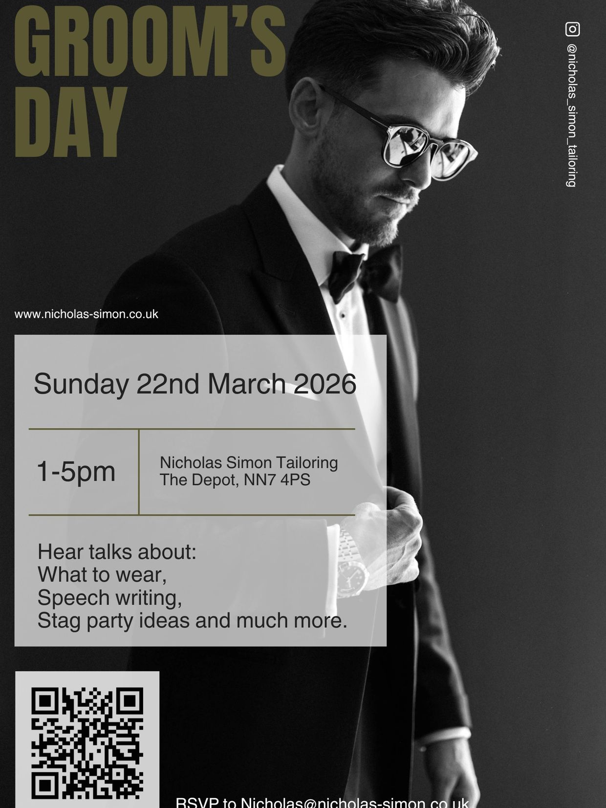 A groom looking sharp in a dinner suit, pictured in black and white