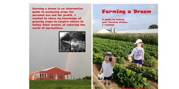  harvesting crops in a lush farm field with a red barn and rainbow in the background.