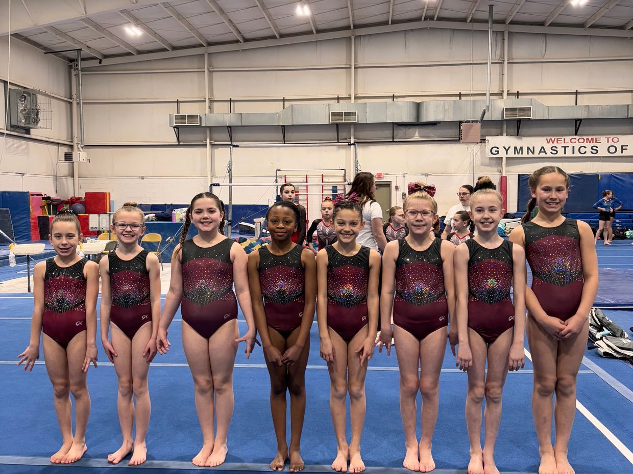 Young gymnasts in matching leotards stand in a row at a gymnastics facility.
