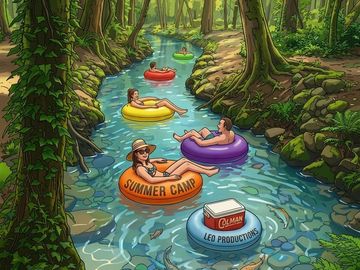People floating down a forest river on colorful tubes, enjoying summer camp.