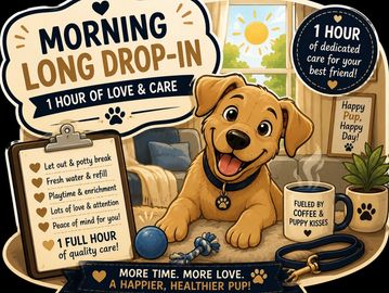Happy puppy enjoying morning daycare with love and care.