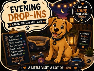 Cute dog promoting evening drop-ins with care and love.