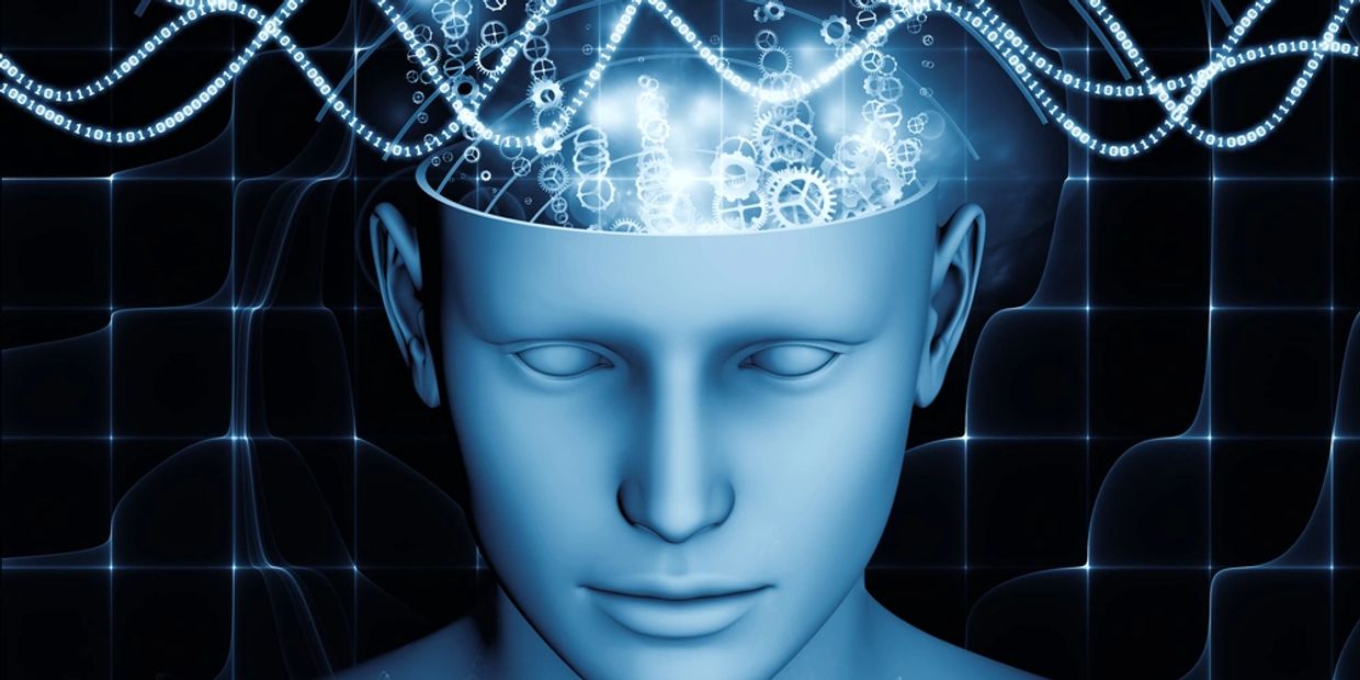 Digital brain with gears and binary code symbolizing artificial intelligence.