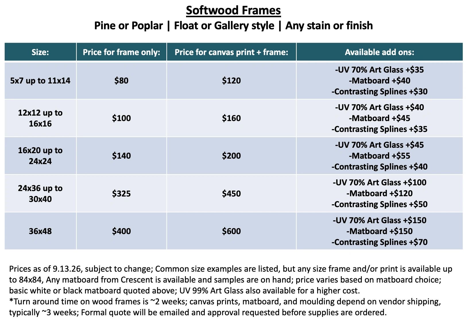 Price chart for softwood frames with sizes, pricing, and add ons.