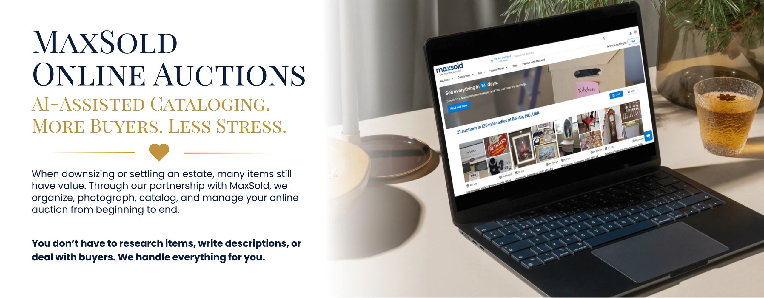 Text to left: MaxSold online auctions. 
Image on right of laptop with MaxSold website home page open