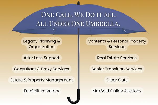 Umbrella with list of services beneath it: legacy planning & organization, real estate, senior trans