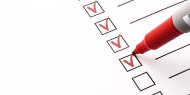 A checklist being marked with red checkmarks using a red pen.