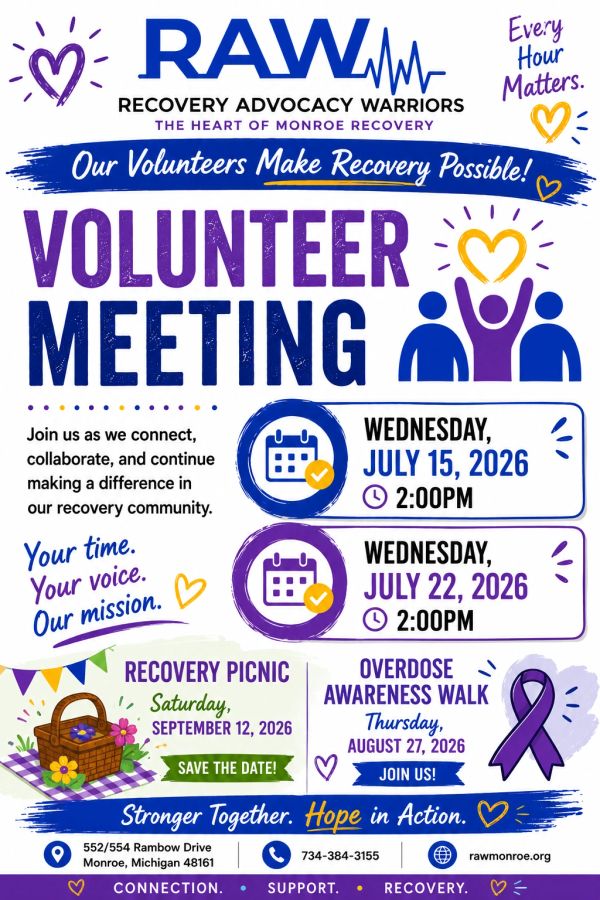 Volunteer meetings and events for Recovery Advocacy Warriors in Monroe, Michigan.