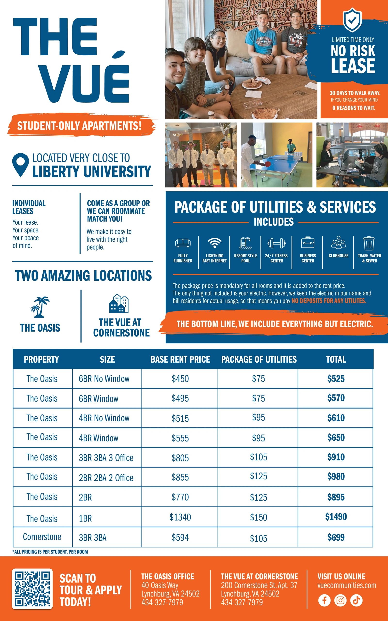 Student-only apartments near Liberty University with various room options and inclusive utilities package.