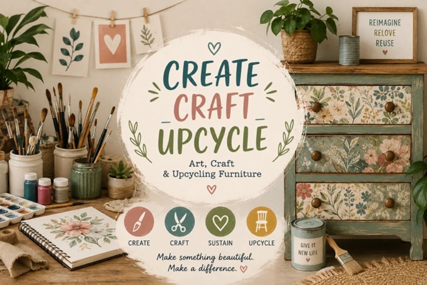 Art supplies and a floral upcycled dresser inspire creativity and sustainability.