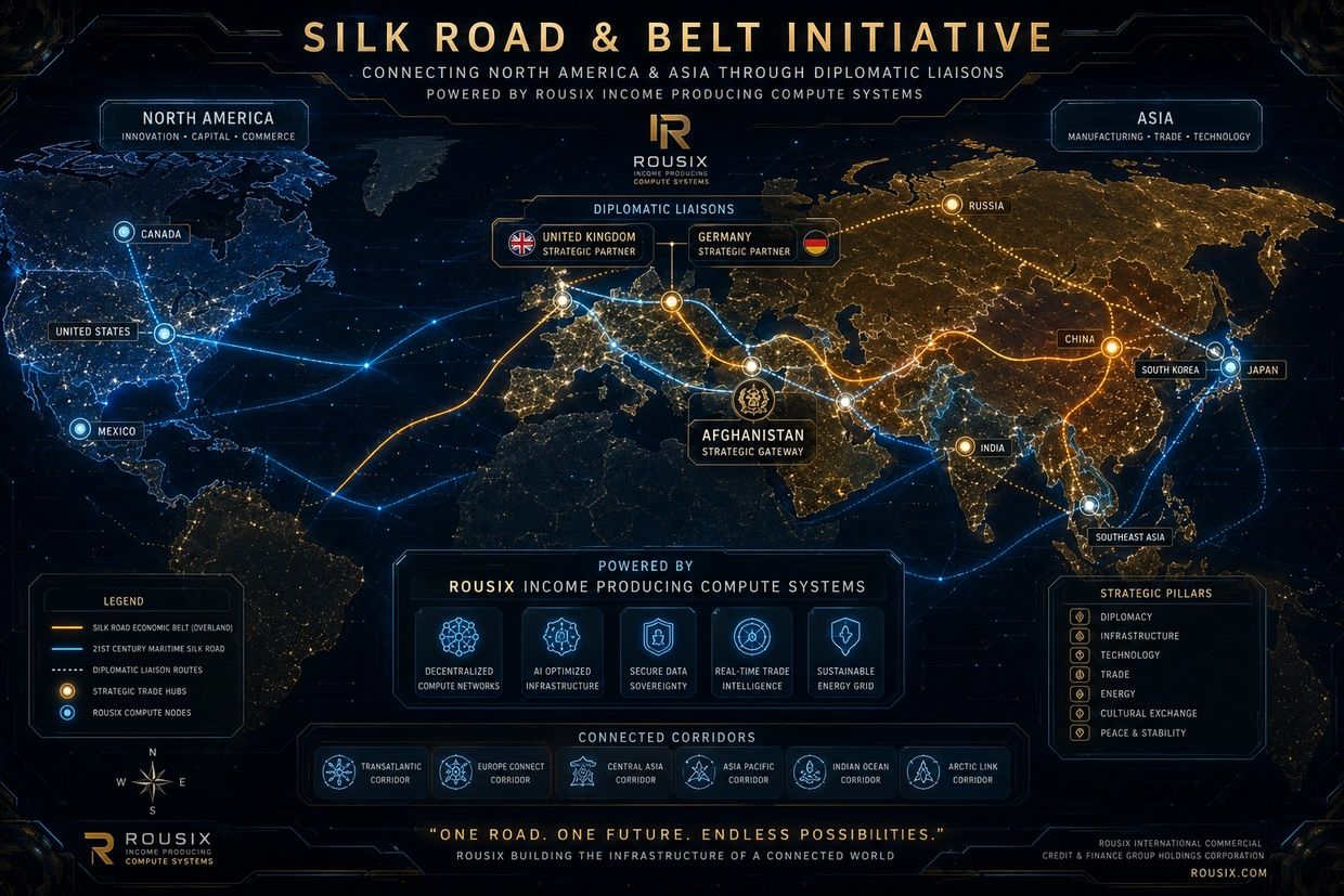 Map showing Silk Road and Belt Initiative connecting North America and Asia through diplomatic and trade routes.