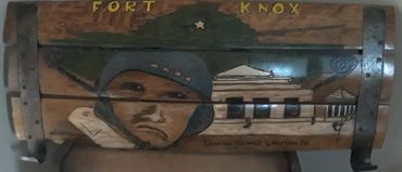 Fort Knox, tank, gold vault, Gen. Patton art on bourbon barrel staves.  $2,000.00  (35" x 15")