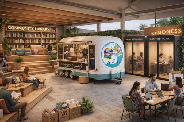 Indoor community space with library, art trailer, and meeting pods.