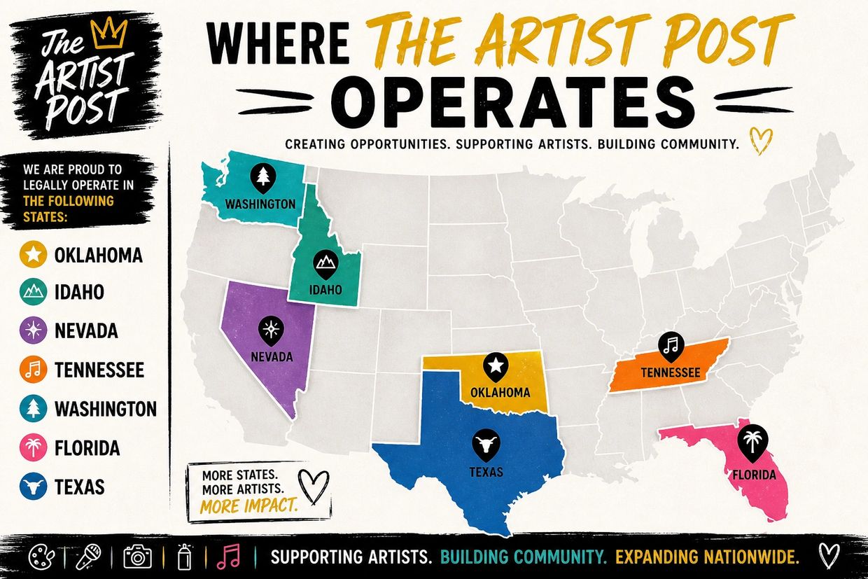 Map shows states where The Artist Post legally operates, highlighting Oklahoma, Idaho, Nevada, Tennessee, Washington, Florida, and Texas.