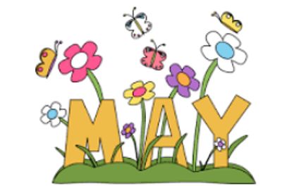 Colorful May letters with flowers and butterflies around.
