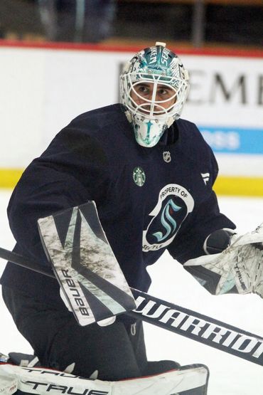 Seattle Kraken hockey goalie in full gear during practice.