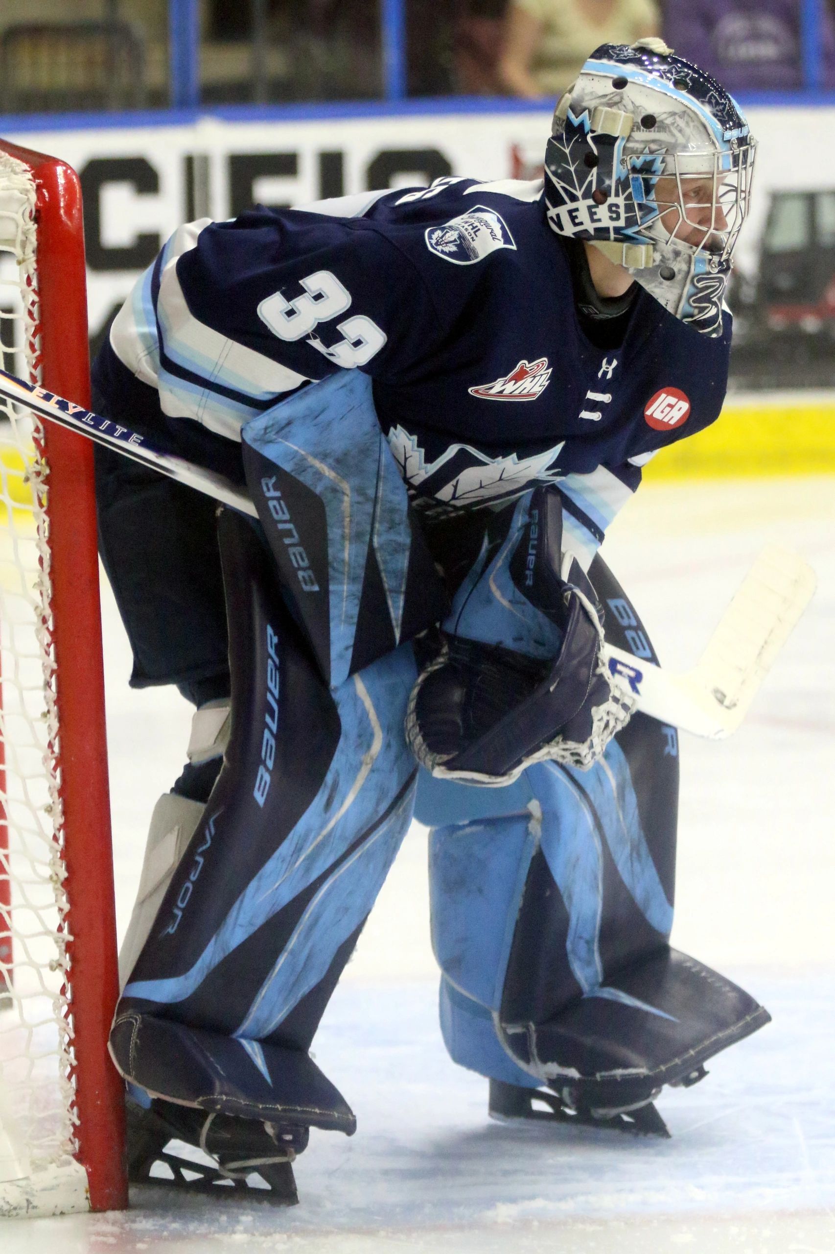 Hockey goalie in blue gear ready at the goal crease.