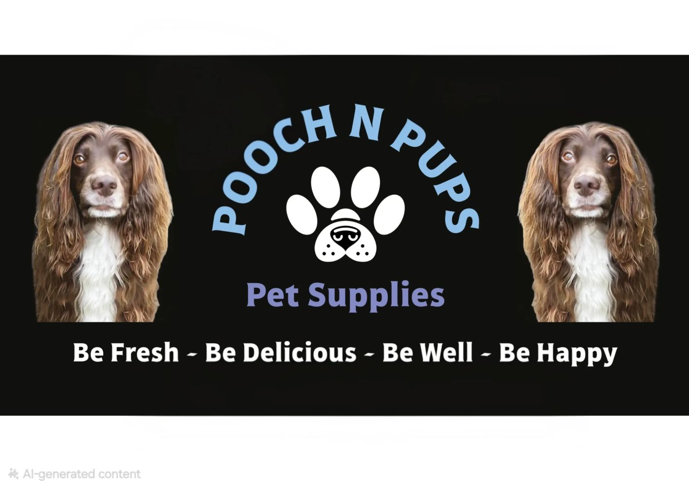 Logo for Pooch N Pups pet supplies with two dogs and a paw graphic.