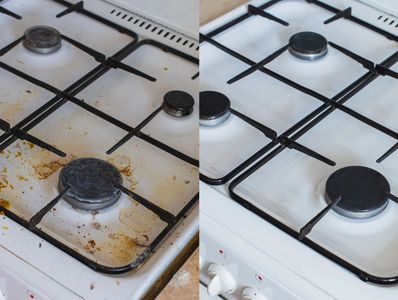 Side-by-side image of a dirty gas stove before and after cleaning.