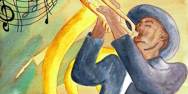 Watercolor painting of a jazz musician playing trumpet.