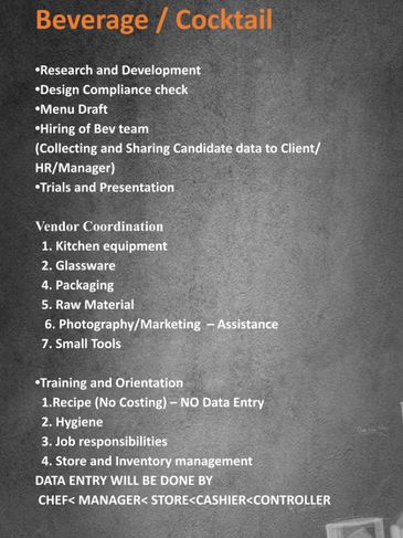 List of tasks and responsibilities for Beverage/Cocktail management.