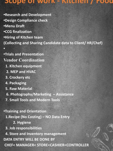 Detailed scope of work for kitchen and food operations.