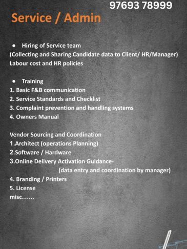 Service/Admin roles including hiring, training, vendor sourcing, and coordination.