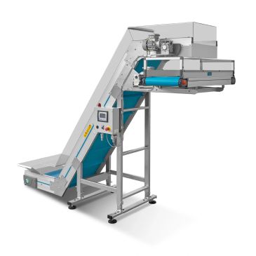 Industrial conveyor machine with a blue belt and metal frame.