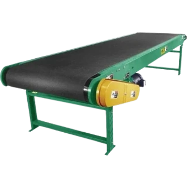 Industrial conveyor belt with green frame and black belt.