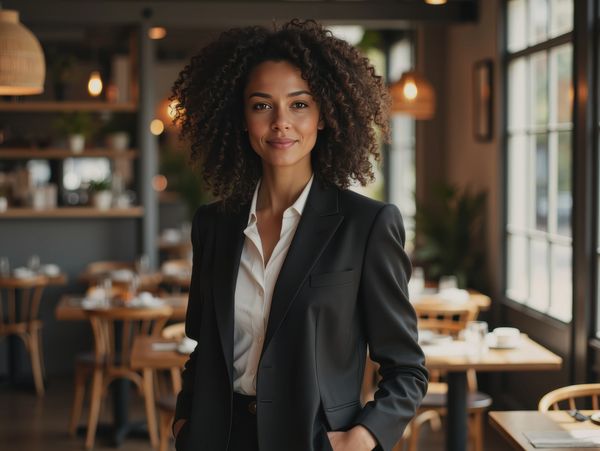 Confident woman in a black blazer stands in a cozy restaurant.