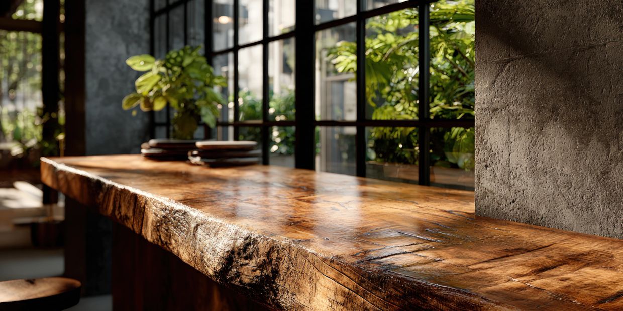 Polished wooden countertop with natural edge in warm sunlight.