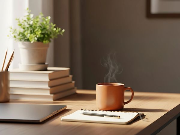 A warm cup of coffee on a desk with a notebook, pen, and stacked books.