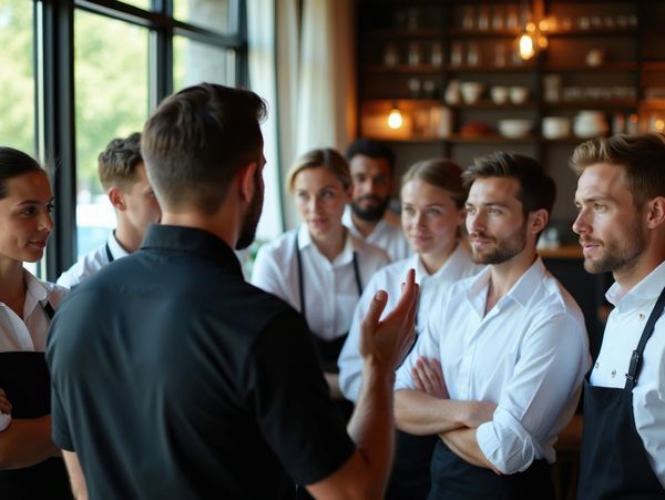 A manager briefing restaurant staff before service begins.