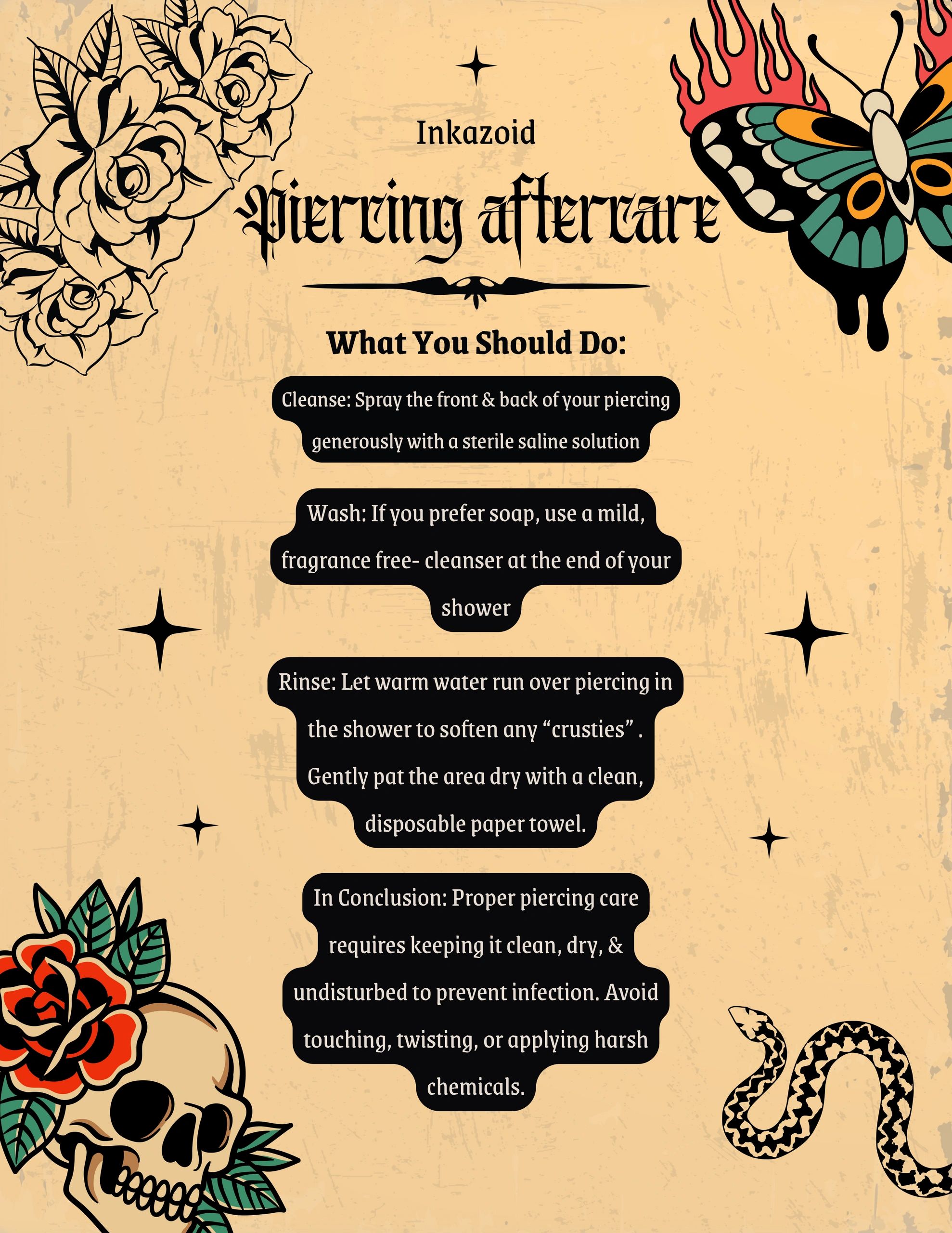 Piercing aftercare tips with artistic decorations.