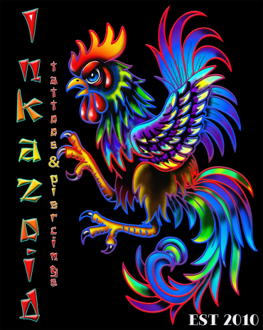 Vibrant rooster tattoo design with neon colors.