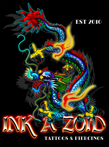 Colorful old school dragon tattoo logo for InkAZoid.