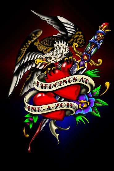 american traditional Tattoo-style eagle clutching a heart pierced by a dagger with banners.