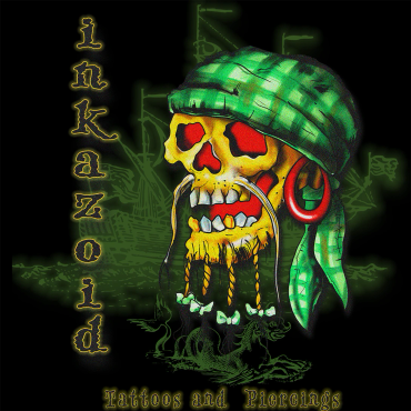 Colorful pirate skull with green bandana and earrings.