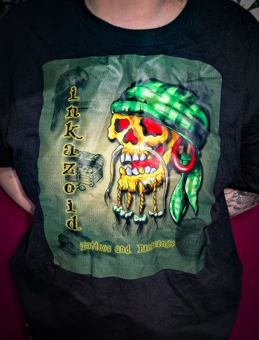 T-shirt with InkaZoid logo and skull design.