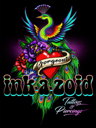 Colorful old school tattoo-style logo with peacock and heart.